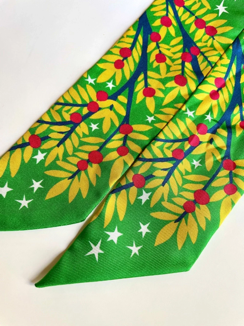 Hermès Set of 2 Twilly Scarves 100% Silk | Le Charme D’Orphee | Yellow & Green - Picture 5 of 8